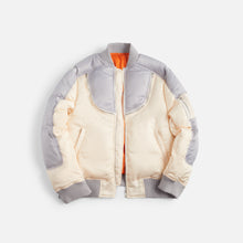 Load image into Gallery viewer, Cream &amp; Grey Satin Bomber Jacket ships in 6-8 weeks
