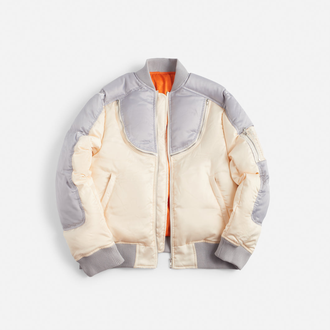 Cream & Grey Satin Bomber Jacket ships in 6-8 weeks